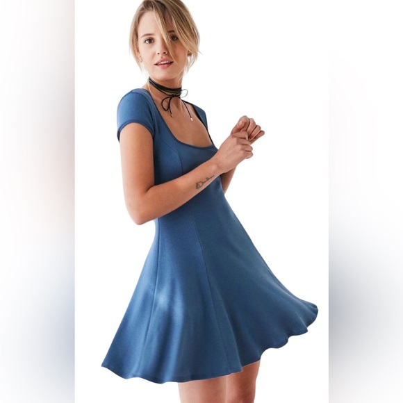 Cooperative Urban Outfitters Gilly Y2K Ribbed Knit Blue A-line Mini Dress Sz XS - Picture 1 of 6